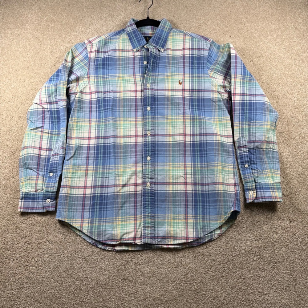 Polo Ralph Lauren Mens Medium Plaid Button Down Shirt Blue Green Oxford 2224